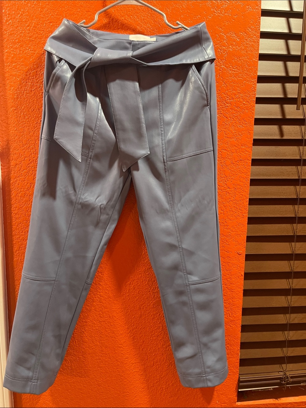 Faux Leather Paperbag Waist Straight Leg Pants - Gray